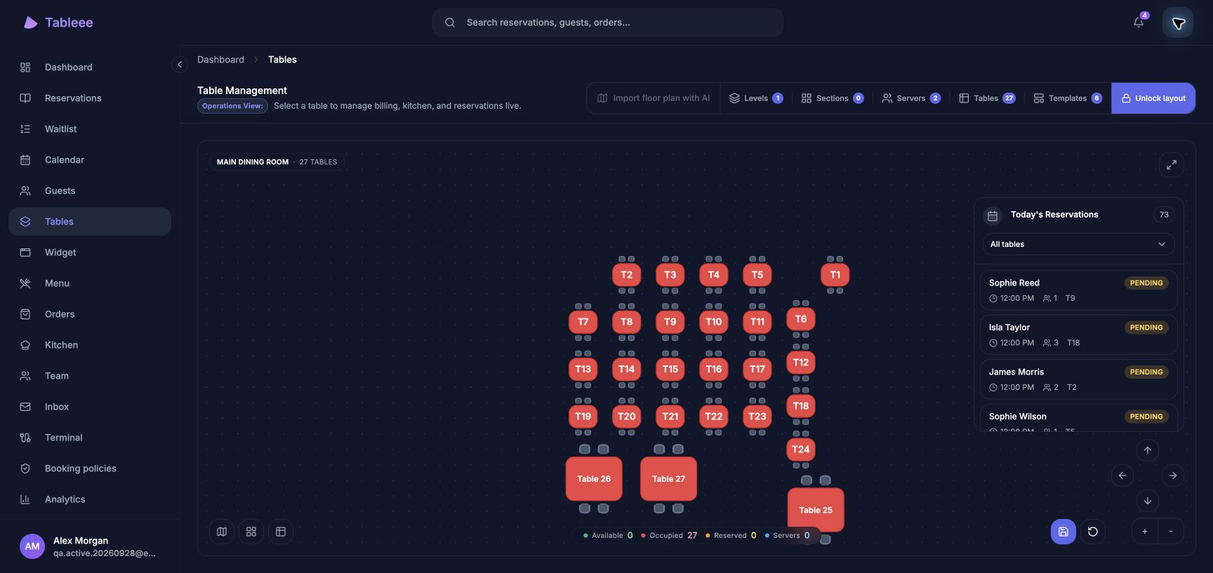 Tableee desktop floor plan with tables and today's demo reservations