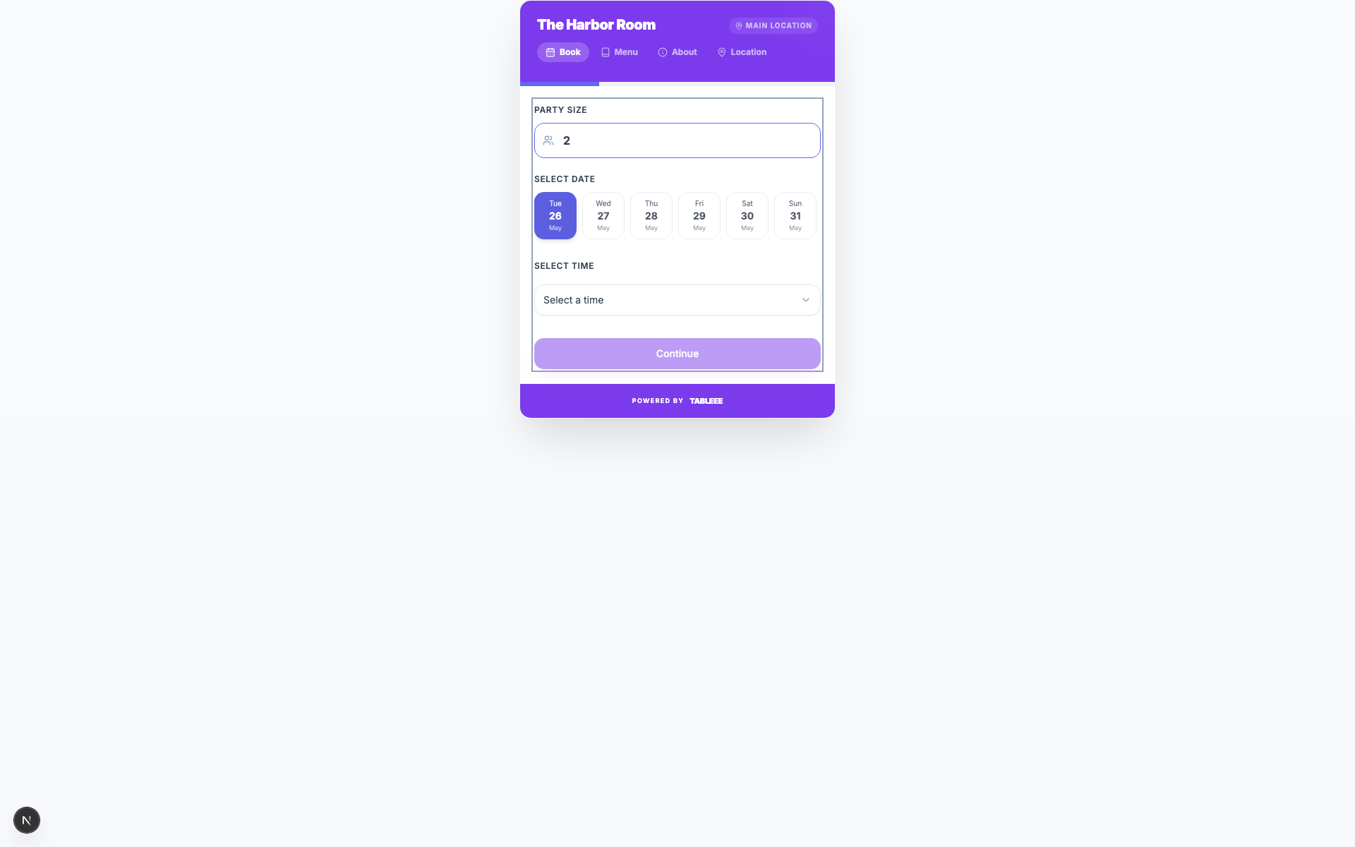 Tableee reservation flow with payment and booking controls.