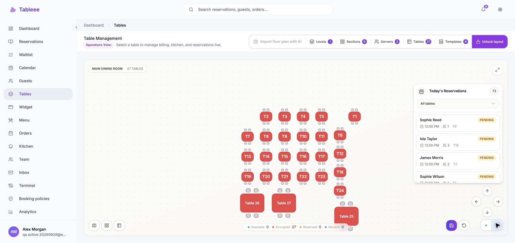 Tableee desktop floor plan with tables and today's demo reservations