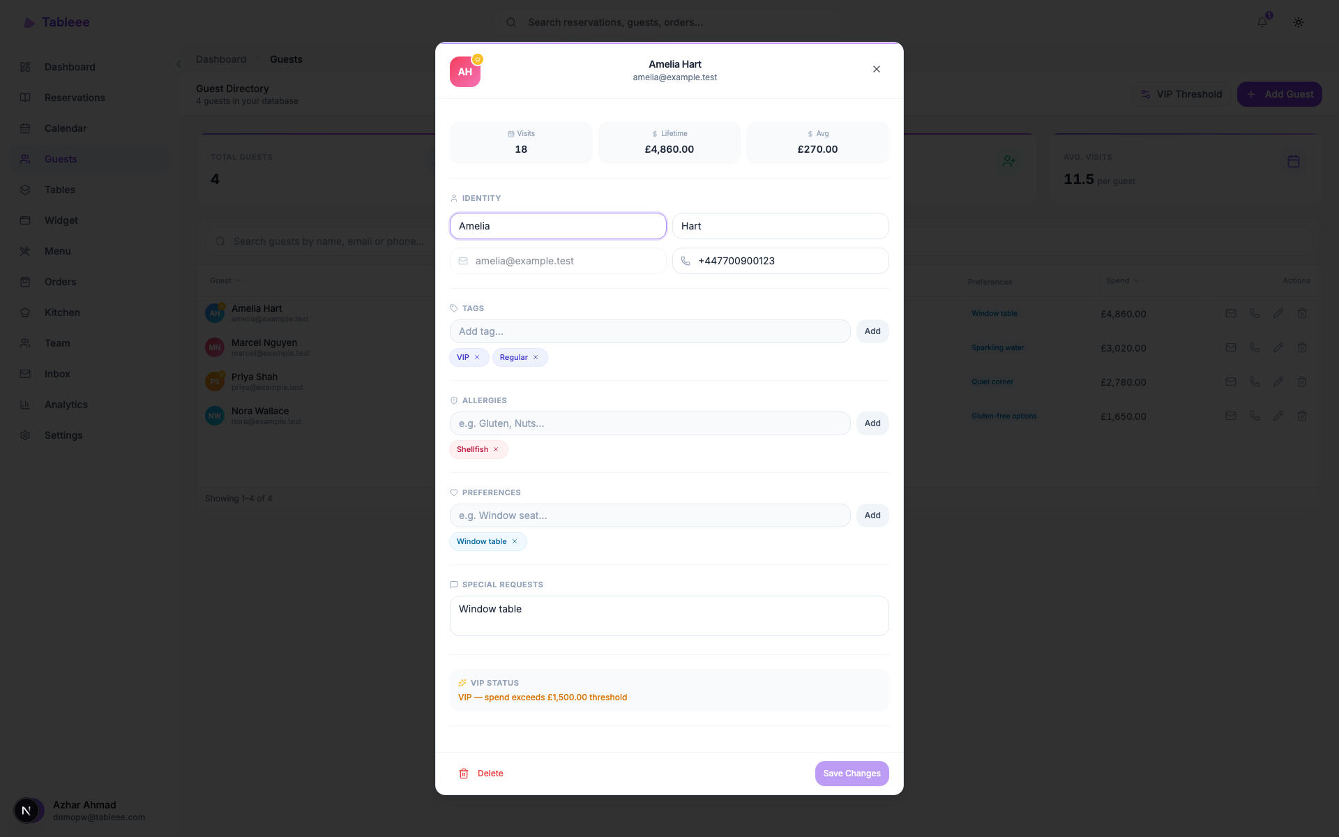 Tableee guest CRM profile connected to booking history.