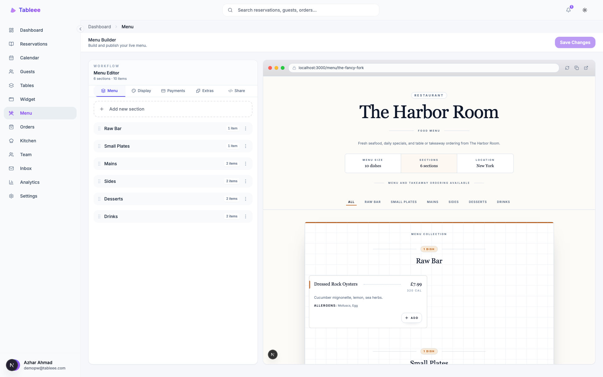 Tableee menu builder for QR menu and ordering workflows.