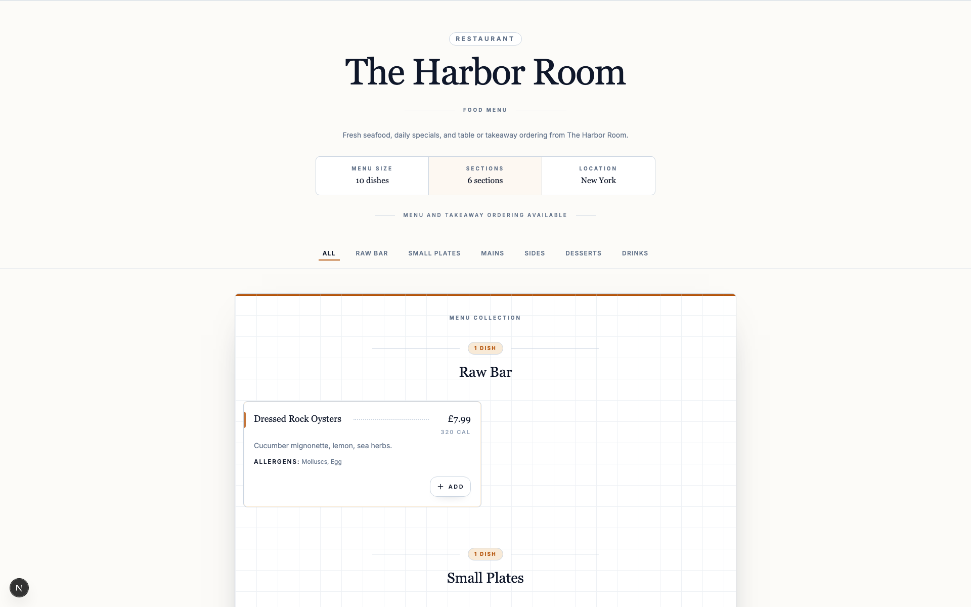 Tableee public menu with categories, items, and order controls.