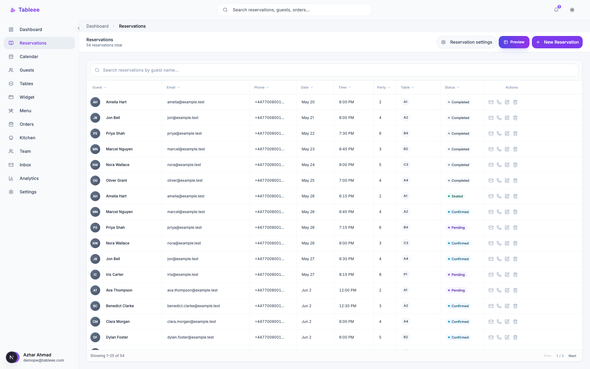Tableee reservation workspace for direct booking operations.